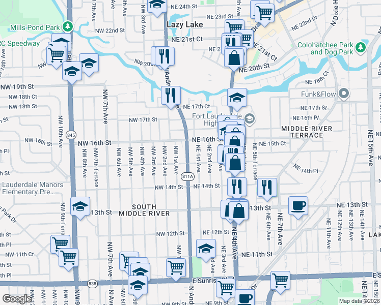 map of restaurants, bars, coffee shops, grocery stores, and more near 1521 North Andrews Avenue in Fort Lauderdale