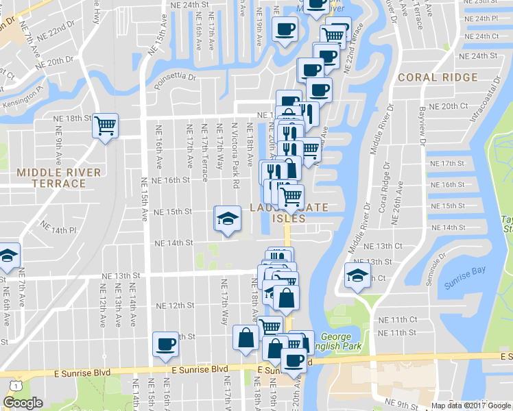 map of restaurants, bars, coffee shops, grocery stores, and more near 1791 Northeast 15th Street in Fort Lauderdale