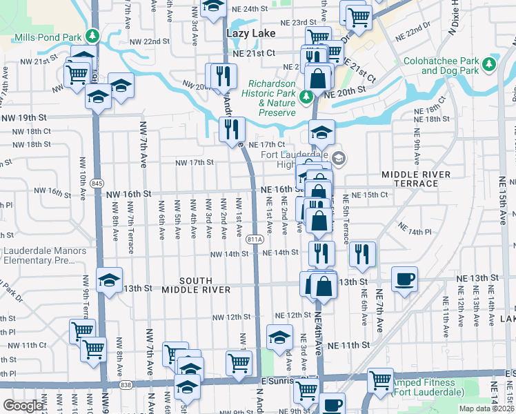 map of restaurants, bars, coffee shops, grocery stores, and more near 1521 North Andrews Avenue in Fort Lauderdale