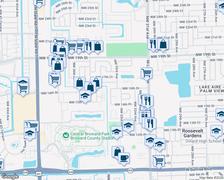 map of restaurants, bars, coffee shops, grocery stores, and more near 3320 Northwest 16th Street in Fort Lauderdale