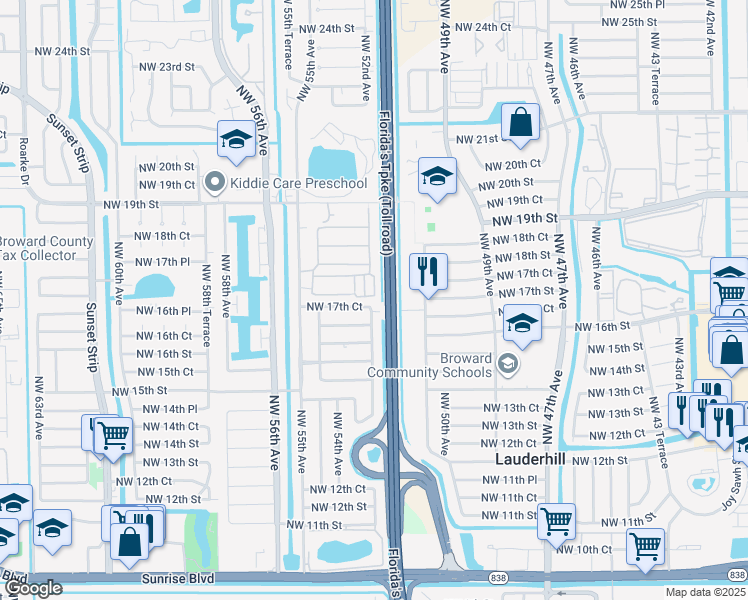 map of restaurants, bars, coffee shops, grocery stores, and more near 5201 Northwest 17th Court in Lauderhill