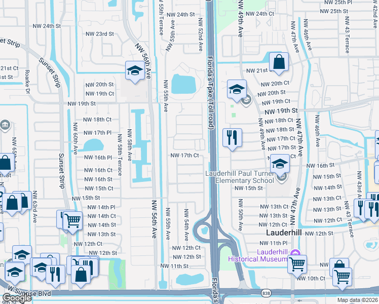 map of restaurants, bars, coffee shops, grocery stores, and more near 5325 Northwest 17th Court in Lauderhill