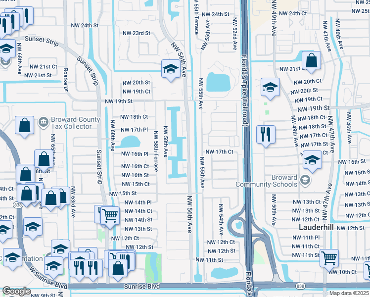 map of restaurants, bars, coffee shops, grocery stores, and more near 1731 Northwest 56th Avenue in Lauderhill