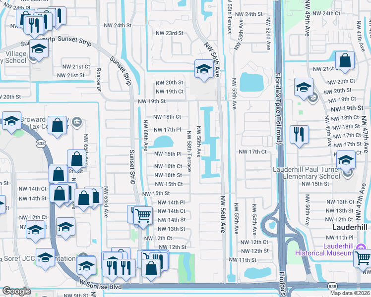 map of restaurants, bars, coffee shops, grocery stores, and more near 5861 Northwest 16th Place in Sunrise