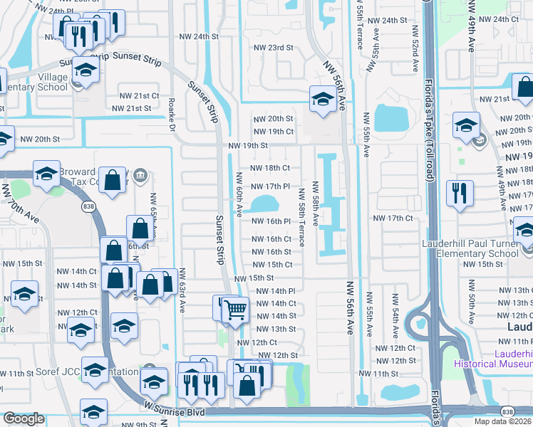 map of restaurants, bars, coffee shops, grocery stores, and more near 5941 Northwest 16th Place in Sunrise