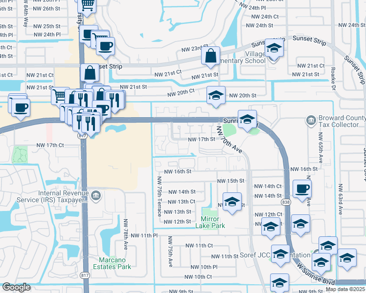 map of restaurants, bars, coffee shops, grocery stores, and more near 7300 Northwest 17th Street in Plantation