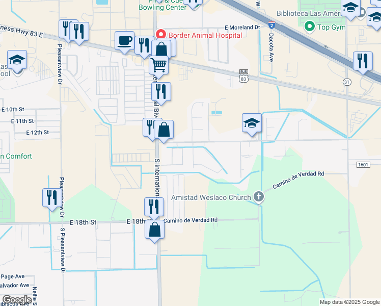 map of restaurants, bars, coffee shops, grocery stores, and more near 1305 Alta Vista Drive in Weslaco