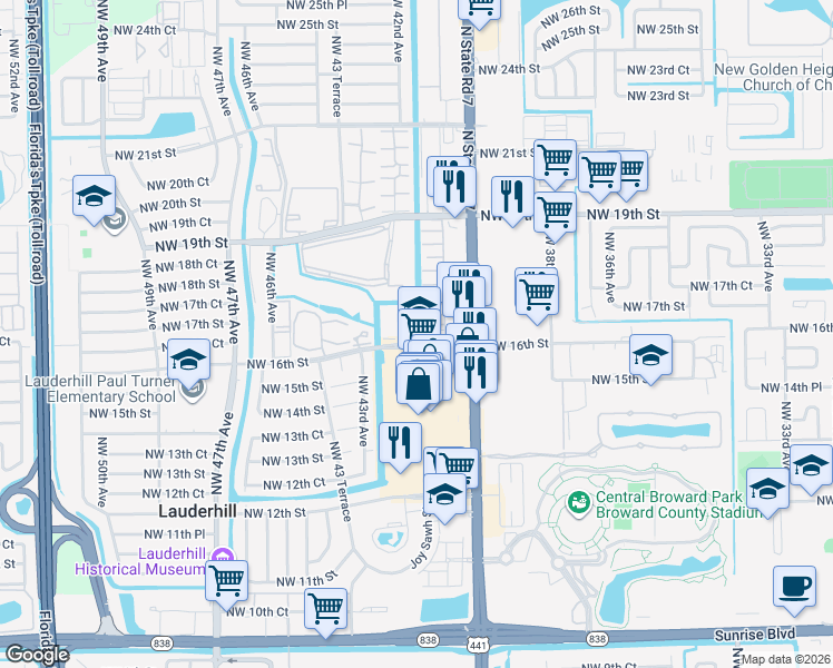map of restaurants, bars, coffee shops, grocery stores, and more near 4097 Northwest 16th Street in Lauderhill