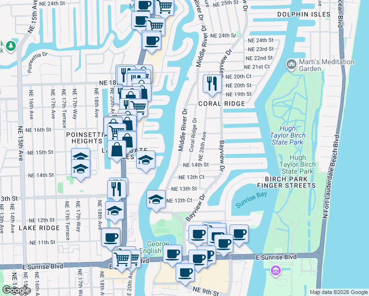 map of restaurants, bars, coffee shops, grocery stores, and more near 1500 Middle River Drive in Fort Lauderdale