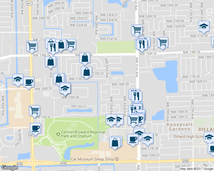 map of restaurants, bars, coffee shops, grocery stores, and more near 3320 Northwest 16th Street in Fort Lauderdale