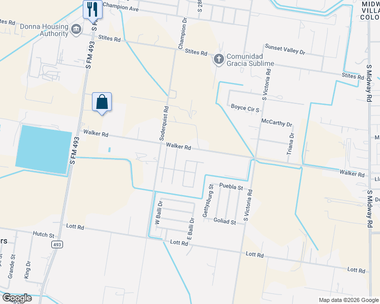 map of restaurants, bars, coffee shops, grocery stores, and more near 2631 Alejandro Street in Donna