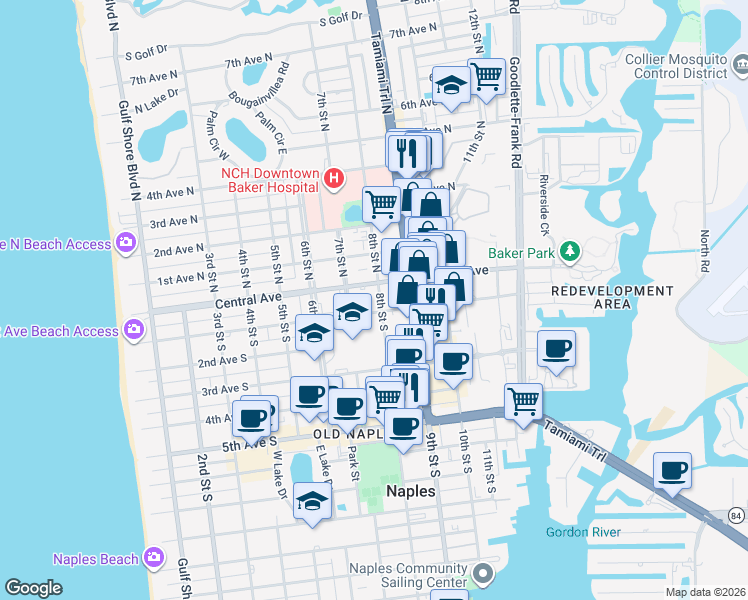 map of restaurants, bars, coffee shops, grocery stores, and more near 77 8th Street South in Naples
