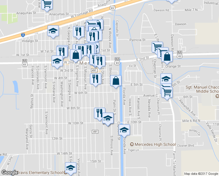 map of restaurants, bars, coffee shops, grocery stores, and more near 519 South Illinois Avenue in Mercedes