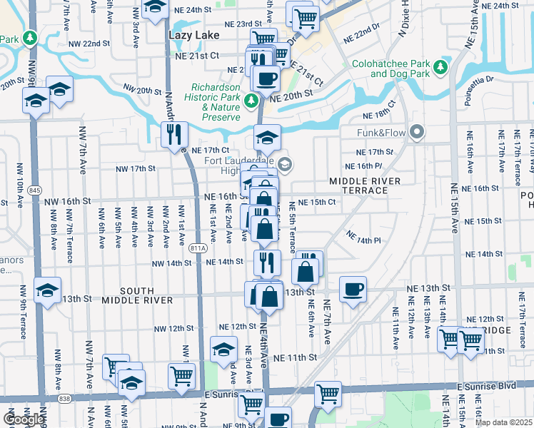 map of restaurants, bars, coffee shops, grocery stores, and more near 1514 Northeast 4th Avenue in Fort Lauderdale