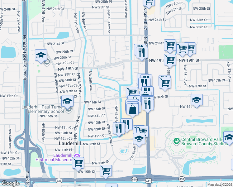 map of restaurants, bars, coffee shops, grocery stores, and more near 4299 Northwest 16th Street in Lauderhill