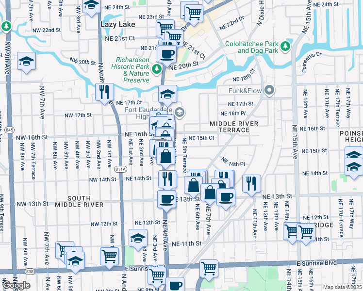 map of restaurants, bars, coffee shops, grocery stores, and more near 1513 Northeast 5th Terrace in Fort Lauderdale