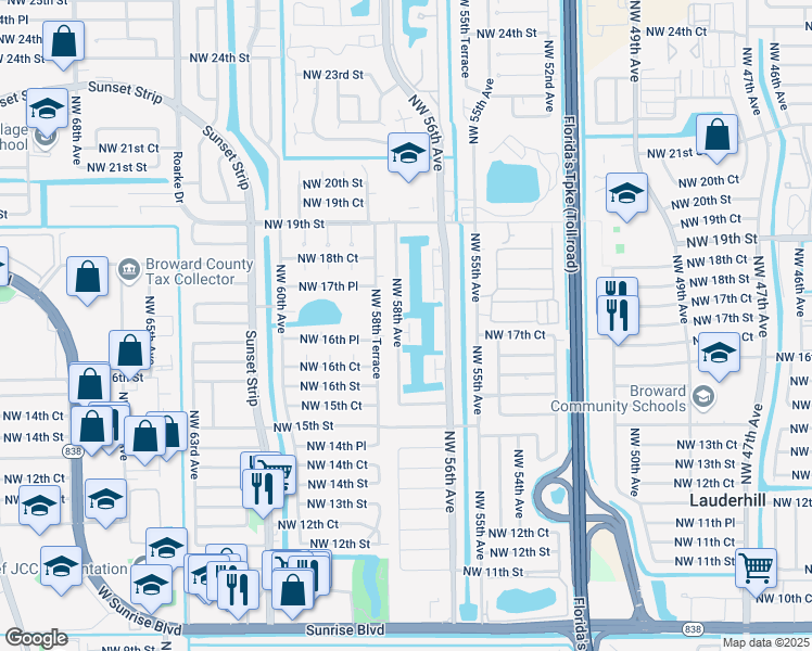 map of restaurants, bars, coffee shops, grocery stores, and more near 5715 Northwest 17th Court in Lauderhill