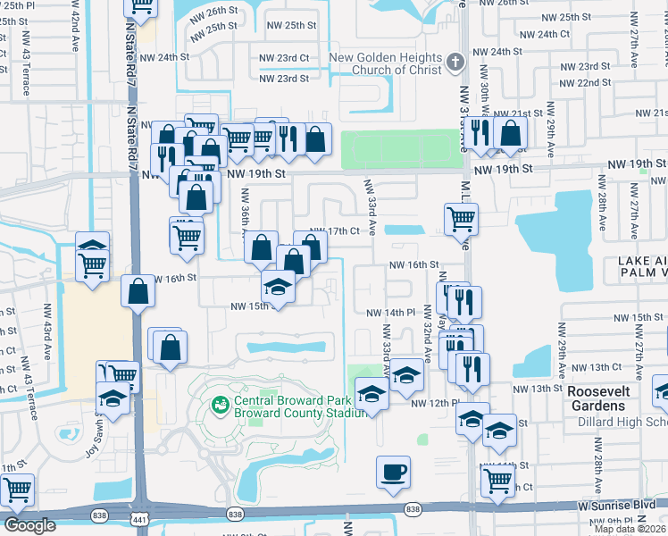 map of restaurants, bars, coffee shops, grocery stores, and more near 1648 Northwest 34th Terrace in Lauderhill