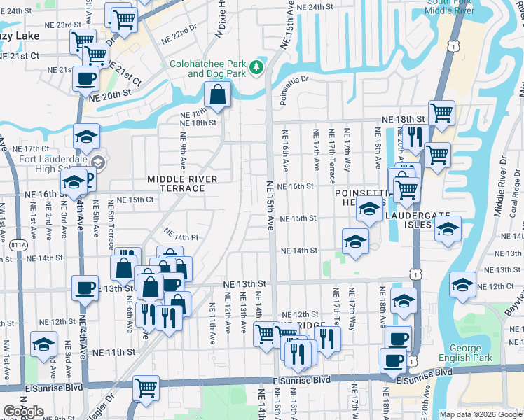 map of restaurants, bars, coffee shops, grocery stores, and more near 1301 Northeast 15th Street in Fort Lauderdale