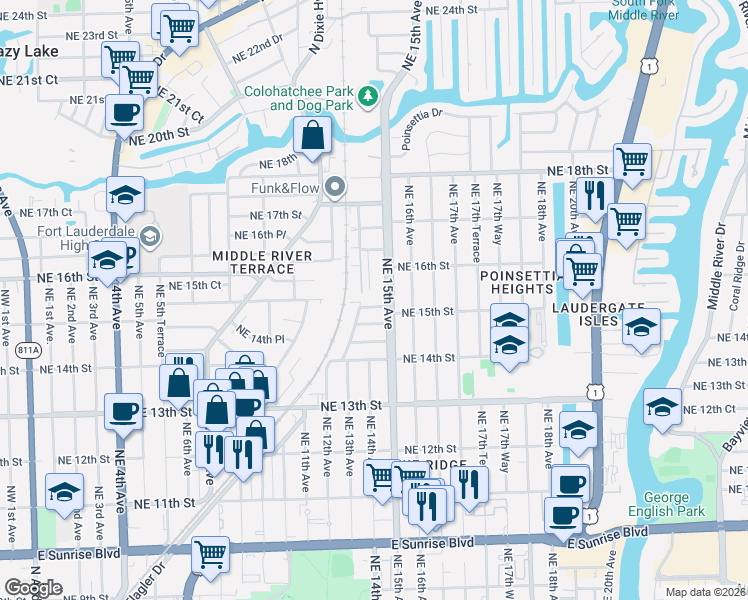 map of restaurants, bars, coffee shops, grocery stores, and more near 1301 Northeast 15th Street in Fort Lauderdale