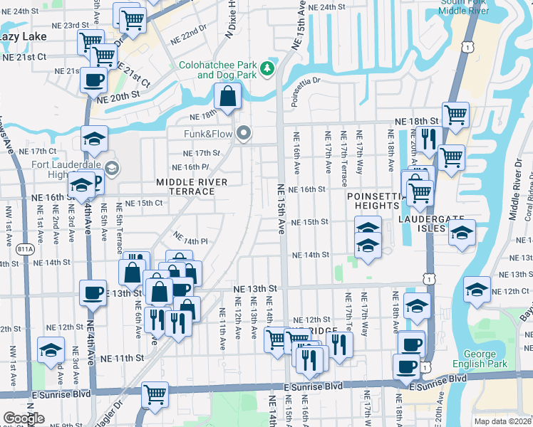 map of restaurants, bars, coffee shops, grocery stores, and more near 1301 Northeast 15th Street in Fort Lauderdale