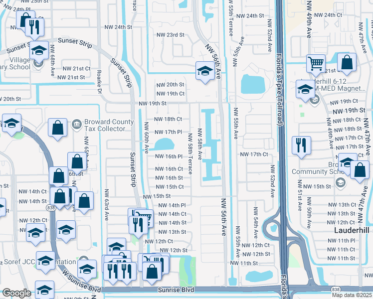 map of restaurants, bars, coffee shops, grocery stores, and more near 5861 Northwest 16th Place in Sunrise
