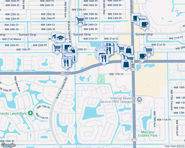 map of restaurants, bars, coffee shops, grocery stores, and more near 8500 West Sunrise Boulevard in Plantation