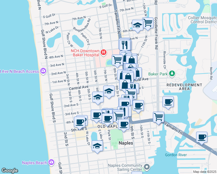 map of restaurants, bars, coffee shops, grocery stores, and more near 72 7th Street South in Naples