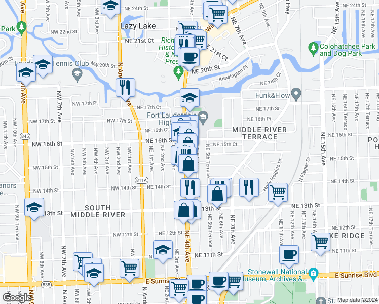 map of restaurants, bars, coffee shops, grocery stores, and more near 1514 Northeast 4th Avenue in Fort Lauderdale