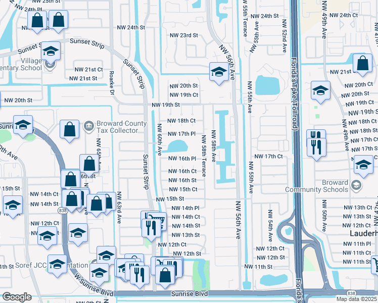 map of restaurants, bars, coffee shops, grocery stores, and more near 5861 Northwest 16th Place in Sunrise