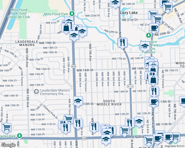 map of restaurants, bars, coffee shops, grocery stores, and more near 1528 Northwest 7th Avenue in Fort Lauderdale