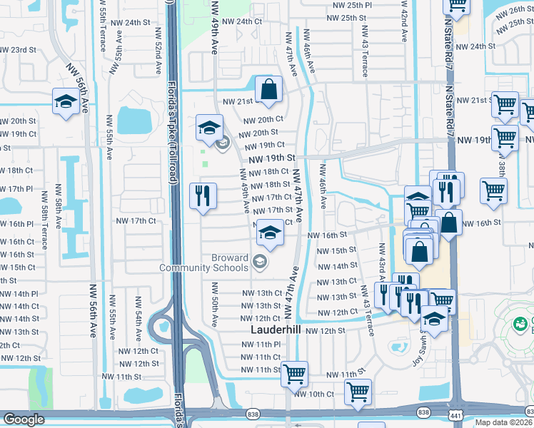 map of restaurants, bars, coffee shops, grocery stores, and more near 4810 Northwest 17th Street in Lauderhill