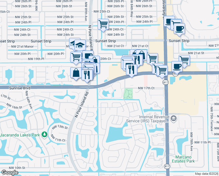 map of restaurants, bars, coffee shops, grocery stores, and more near 8592 Jacaranda Heights in Plantation