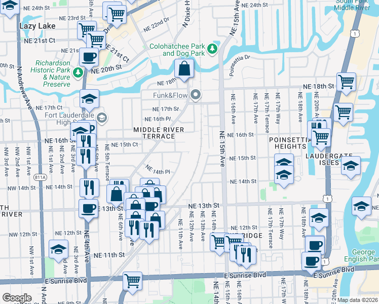 map of restaurants, bars, coffee shops, grocery stores, and more near 1210 Northeast 15th Street in Fort Lauderdale