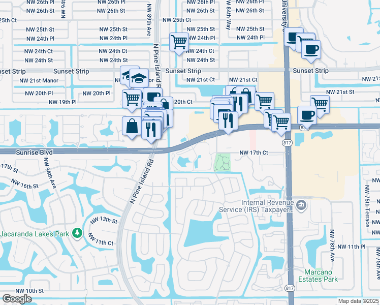 map of restaurants, bars, coffee shops, grocery stores, and more near 8592 Jacaranda Heights in Plantation