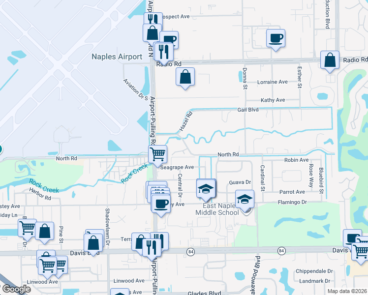 map of restaurants, bars, coffee shops, grocery stores, and more near 3535 Hazel Road in Naples