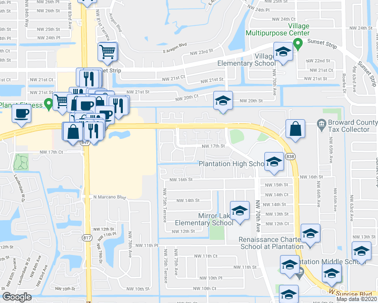 map of restaurants, bars, coffee shops, grocery stores, and more near 7300 Northwest 17th Street in Plantation