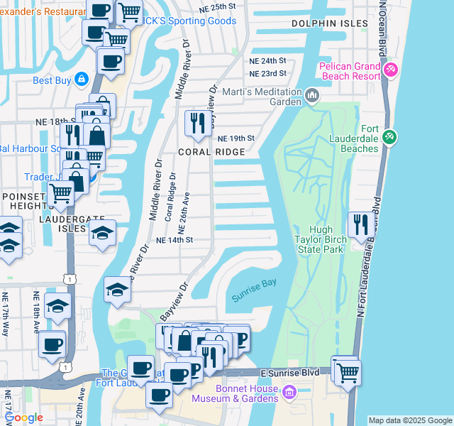 map of restaurants, bars, coffee shops, grocery stores, and more near 2727 Northeast 15th Street in Fort Lauderdale
