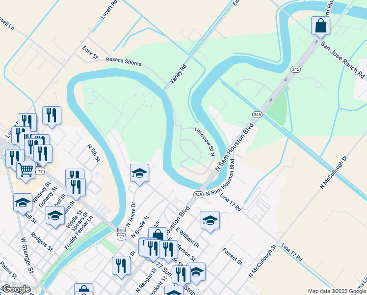 map of restaurants, bars, coffee shops, grocery stores, and more near 166 Resaca Shores Boulevard in San Benito