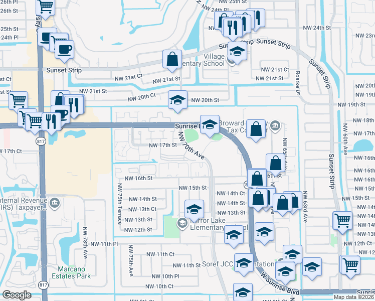 map of restaurants, bars, coffee shops, grocery stores, and more near 1681 Northwest 70th Avenue in Plantation