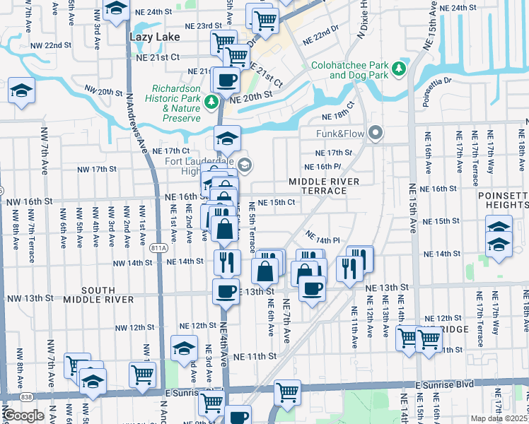 map of restaurants, bars, coffee shops, grocery stores, and more near 616 Northeast 15th Street in Fort Lauderdale