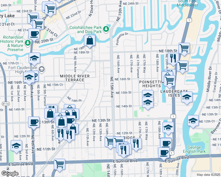map of restaurants, bars, coffee shops, grocery stores, and more near 1301 Northeast 15th Street in Fort Lauderdale