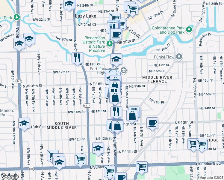 map of restaurants, bars, coffee shops, grocery stores, and more near 1514 Northeast 4th Avenue in Fort Lauderdale