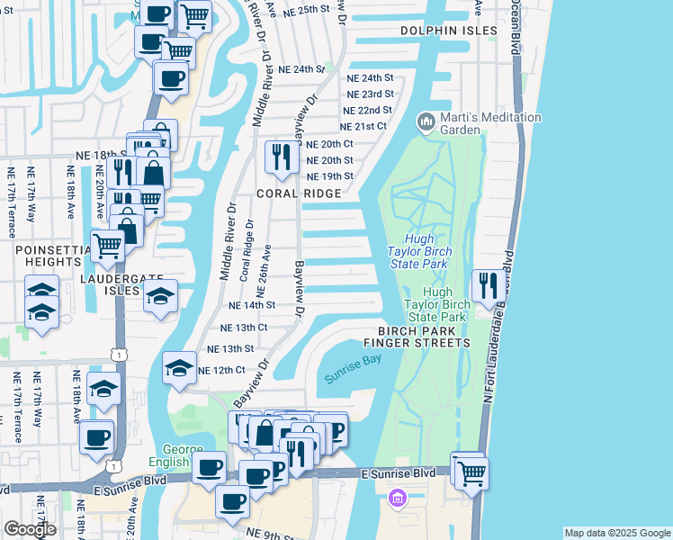 map of restaurants, bars, coffee shops, grocery stores, and more near 2727 Northeast 15th Street in Fort Lauderdale