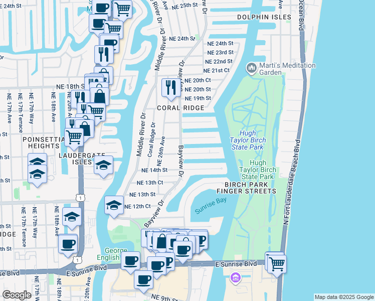 map of restaurants, bars, coffee shops, grocery stores, and more near 2727 Northeast 15th Street in Fort Lauderdale