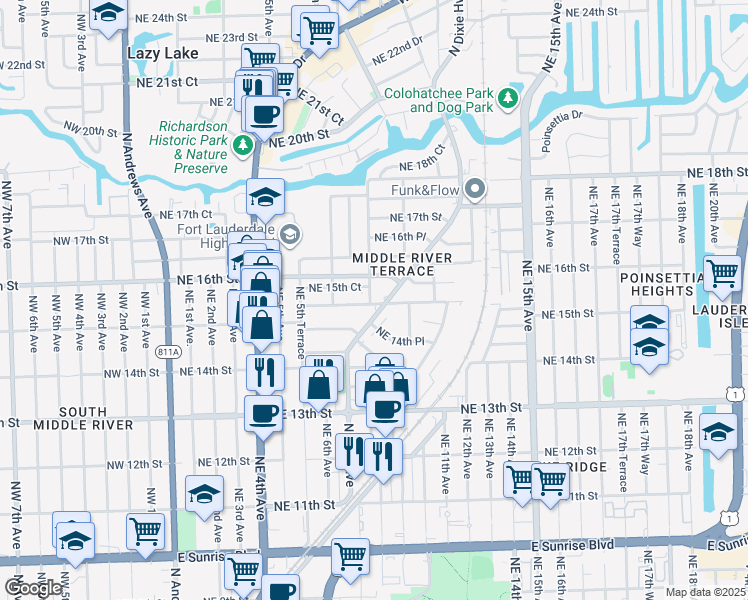 map of restaurants, bars, coffee shops, grocery stores, and more near 800 Northeast 15th Street in Fort Lauderdale