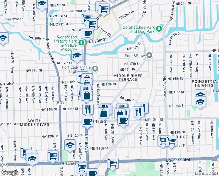 map of restaurants, bars, coffee shops, grocery stores, and more near 616 Northeast 15th Street in Fort Lauderdale