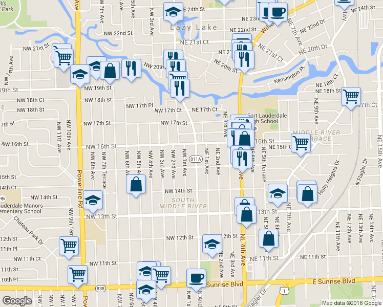 map of restaurants, bars, coffee shops, grocery stores, and more near 1521 North Andrews Avenue in Fort Lauderdale