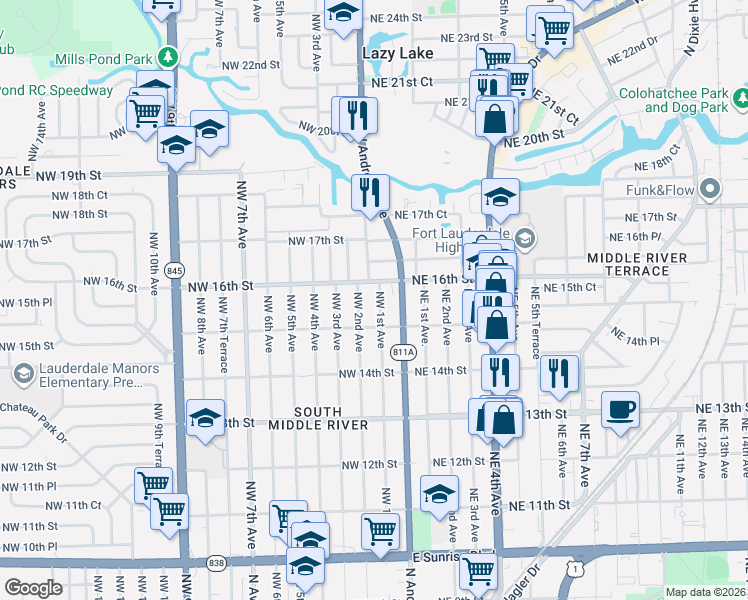 map of restaurants, bars, coffee shops, grocery stores, and more near 1525 Northwest 2nd Avenue in Fort Lauderdale