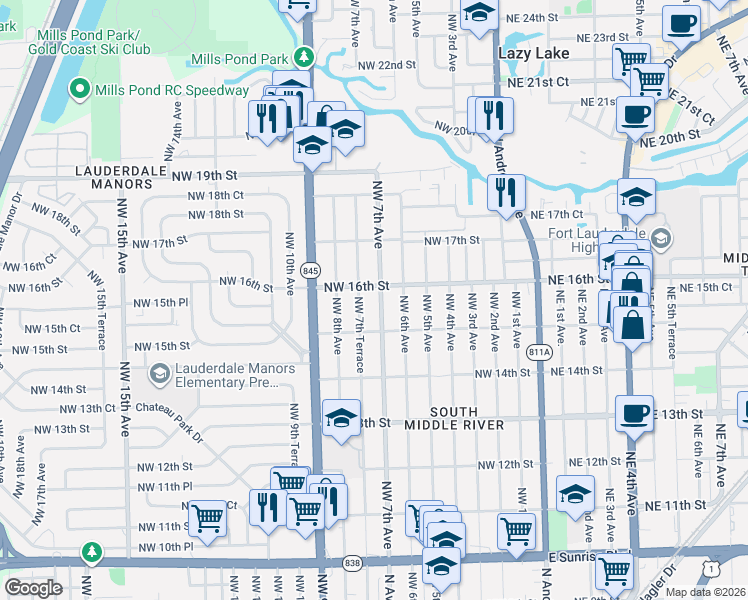 map of restaurants, bars, coffee shops, grocery stores, and more near 1528 Northwest 7th Avenue in Fort Lauderdale